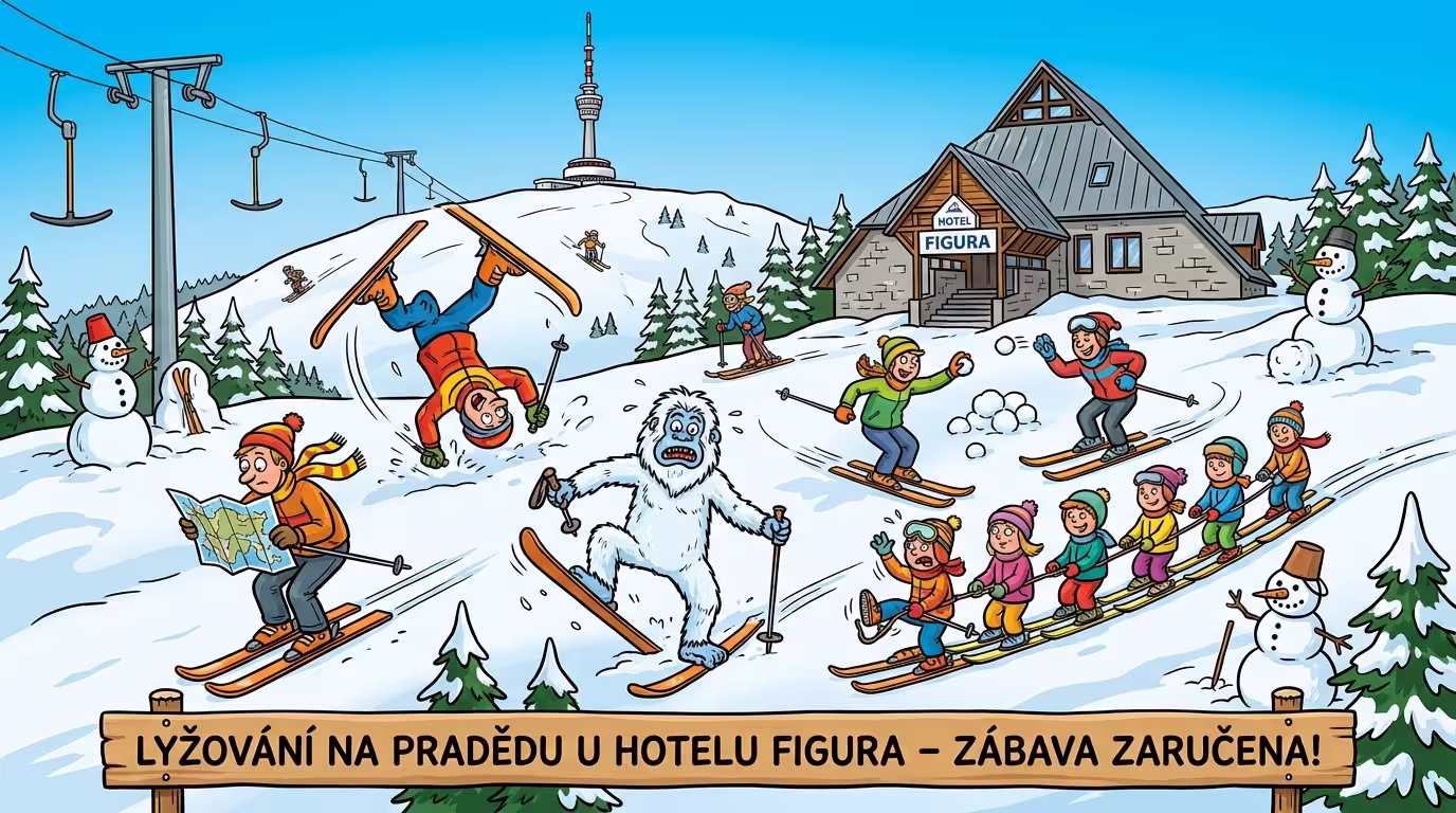 Lyžaři na sjezdovce ski areálu Figura u hotelu Figura na Pradědu